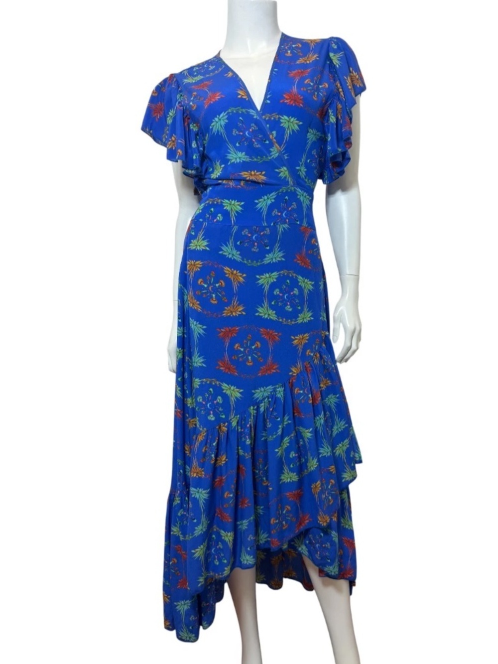 Jessie Western Mushroom Print Frill Sleeve Wrap Dress in Blue Size M